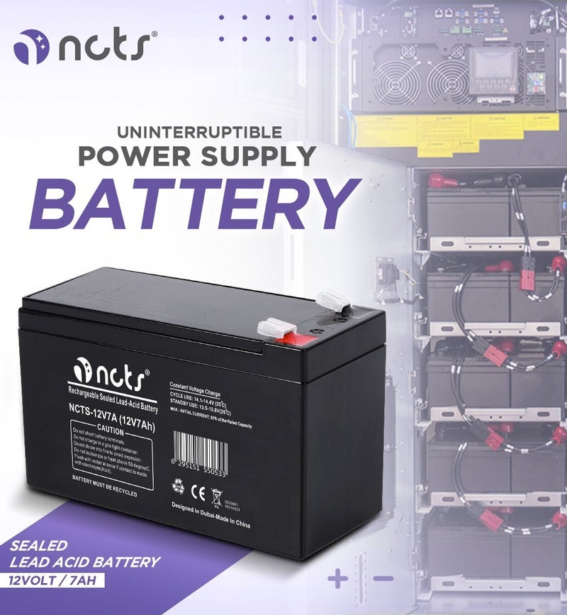 NCTS بطارية قابلة للشحن 12V7Ah مغلقة من الرصاص الحمضي – تقنية AGM، عمر طويل بدون صيانة للـ UPS، القوارب الصغيرة، الطاقة الشمسية، أنظمة الأمان، مع ضمان. - Image 1